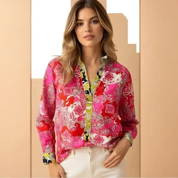 J. Crew NWOT XXS Pink Band Collar Poplin Popover Tunic Vintage Paisley Size XXS - Picture 2 of 5